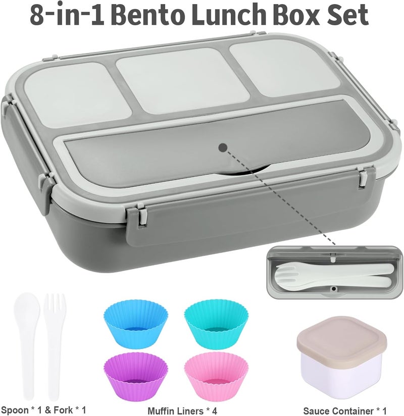 shell and turtle Bento Box Adult Lunch Box, Lunch Containers for Kids Girls Boys with 4 Compartments, Lunchable Food Container with Utensils, Sauce Jar, Muffin Liners, 40 Oz/5 Cup, Microwave & Dishwasher Safe, Gray - Image 5